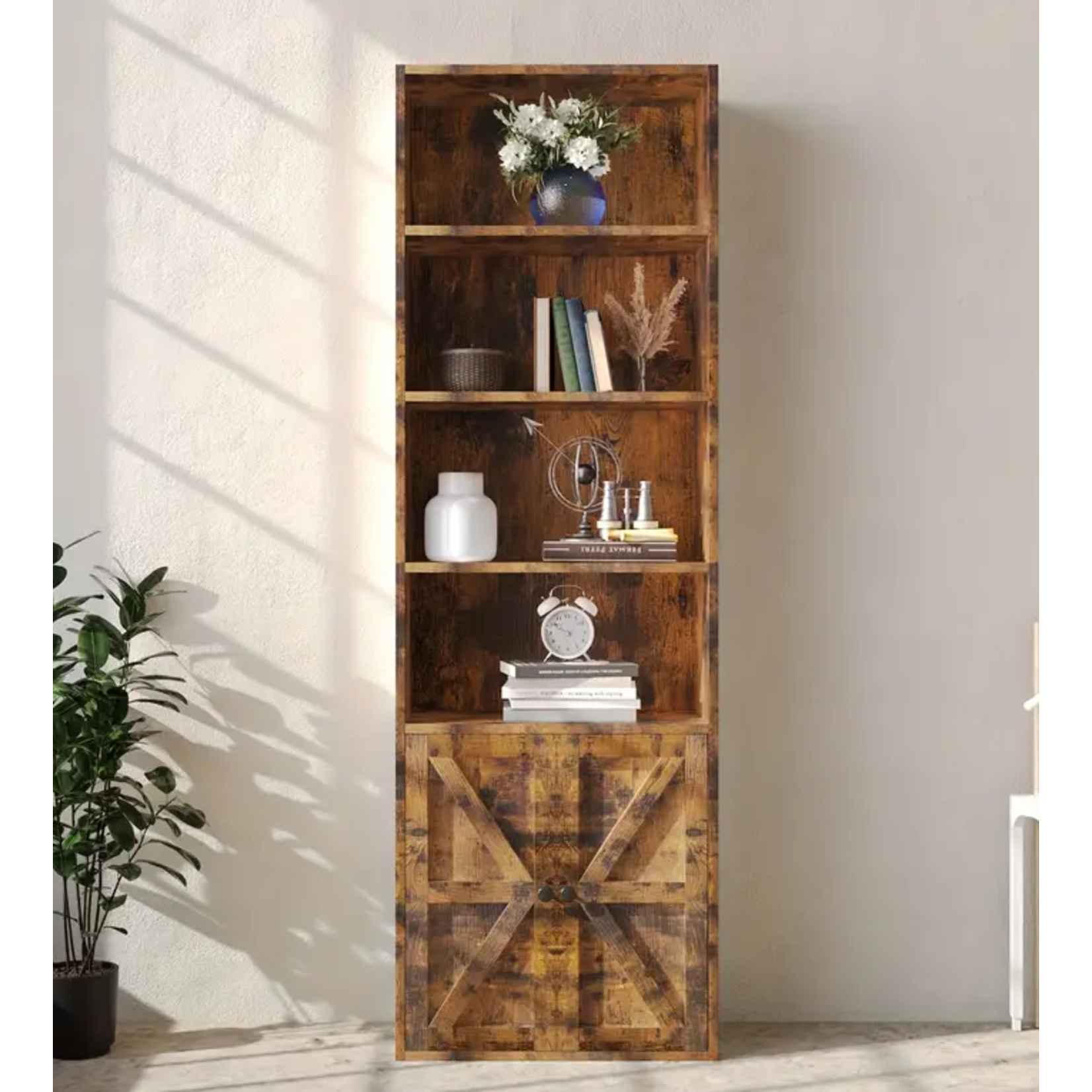 Brown 6 Tier Tall Wide Bookcase with Doors Storage for Small Spaces or for Home Office