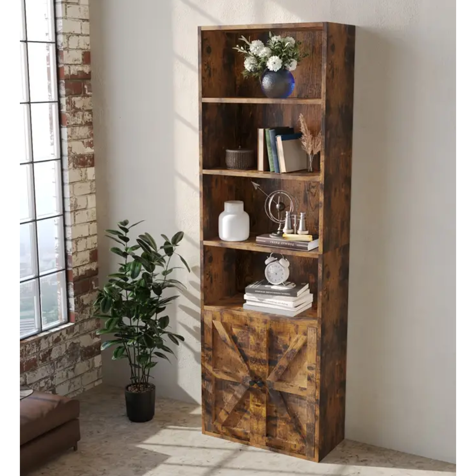 Brown 6 Tier Tall Wide Bookcase with Doors Storage for Small Spaces or for Home Office