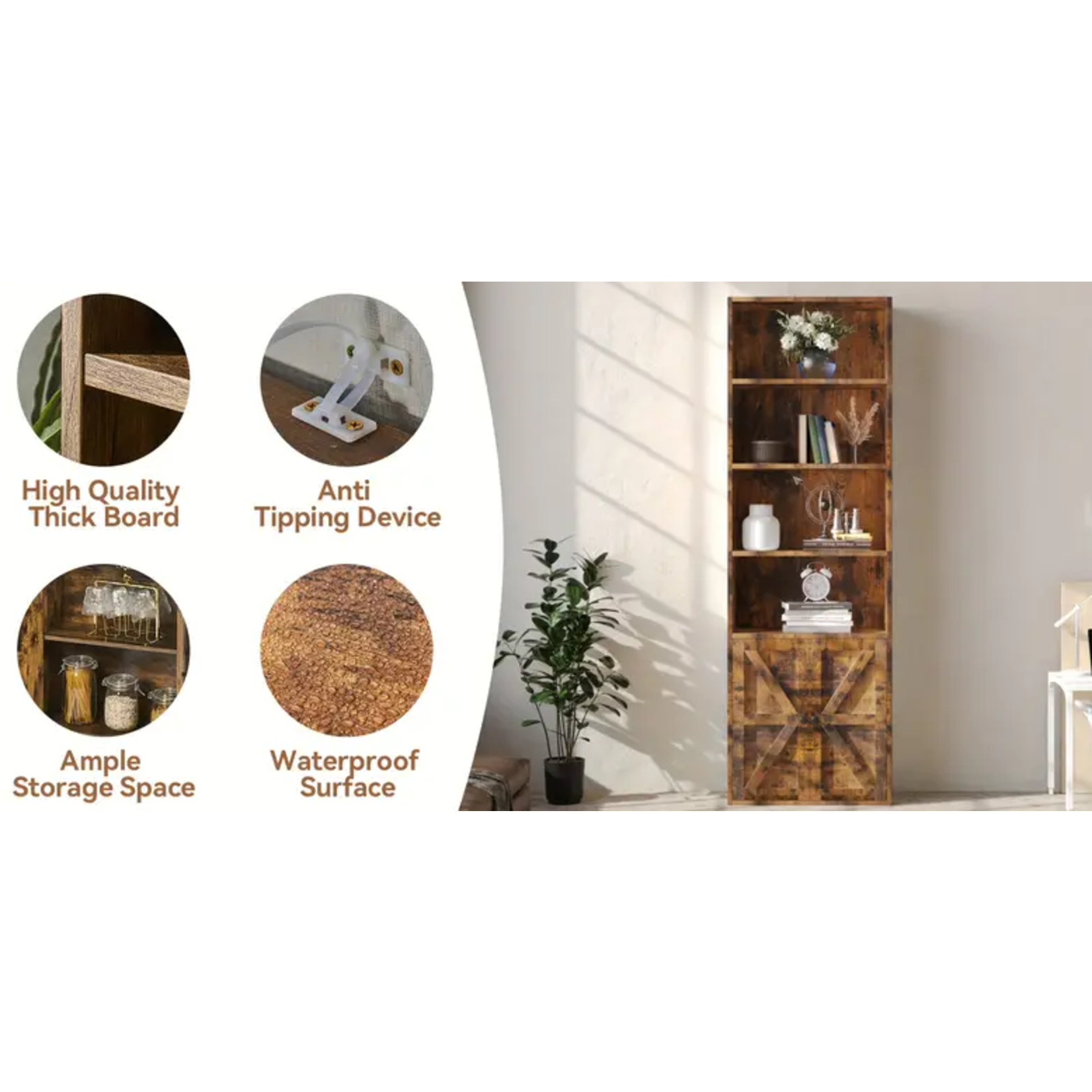 Brown 6 Tier Tall Wide Bookcase with Doors Storage for Small Spaces or for Home Office
