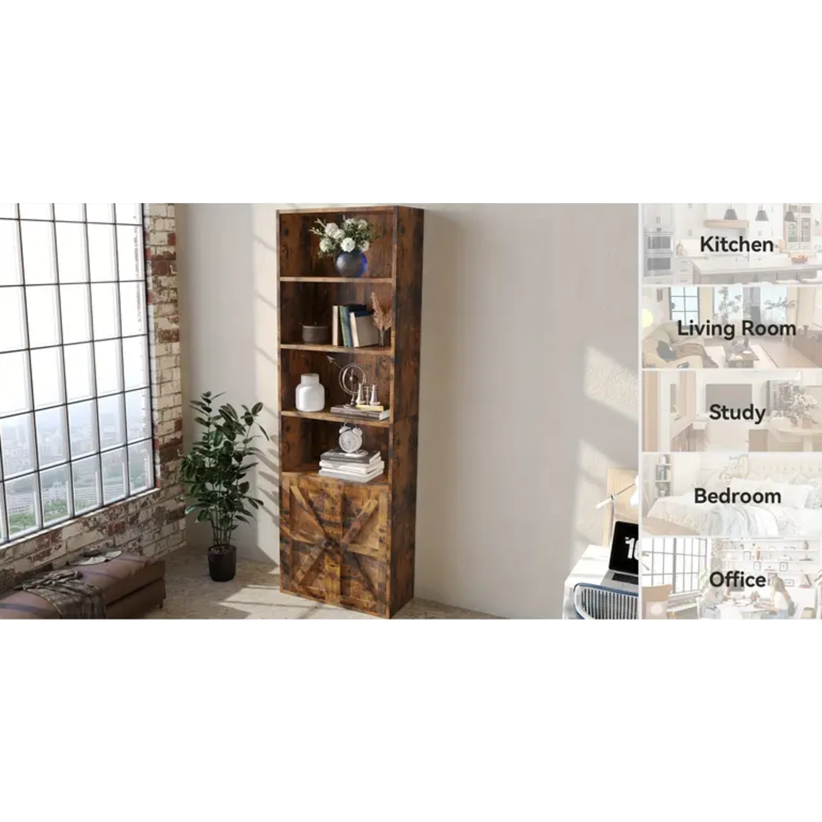 Brown 6 Tier Tall Wide Bookcase with Doors Storage for Small Spaces or for Home Office