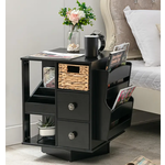 *210RT170185-Black Rotating End Table with Drawers and Open Storage Shelf