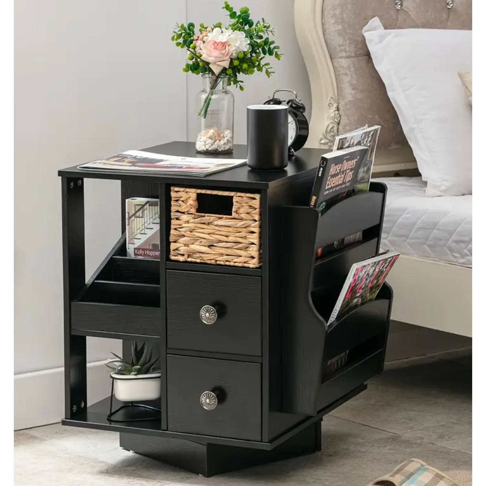 Black Rotating End Table with Drawers and Open Storage Shelf