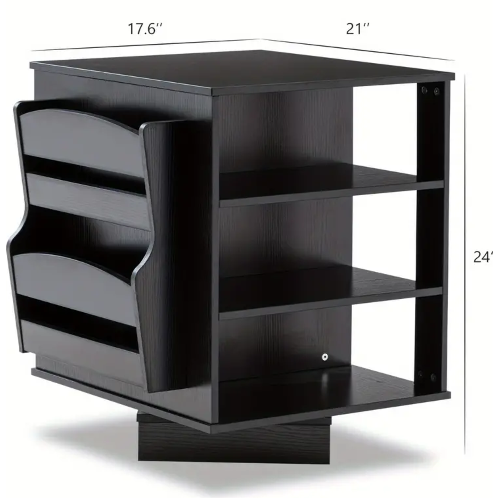 Black Rotating End Table with Drawers and Open Storage Shelf