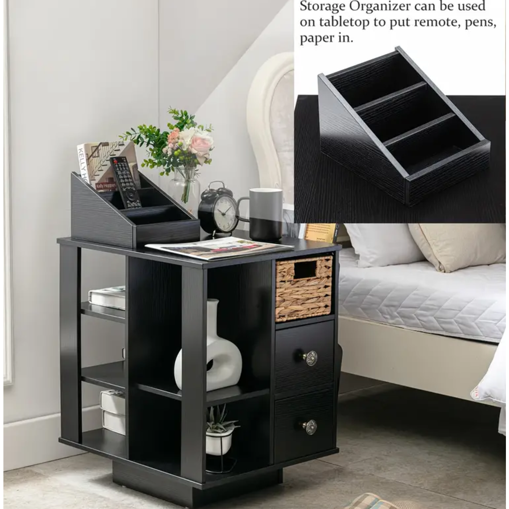 Black Rotating End Table with Drawers and Open Storage Shelf