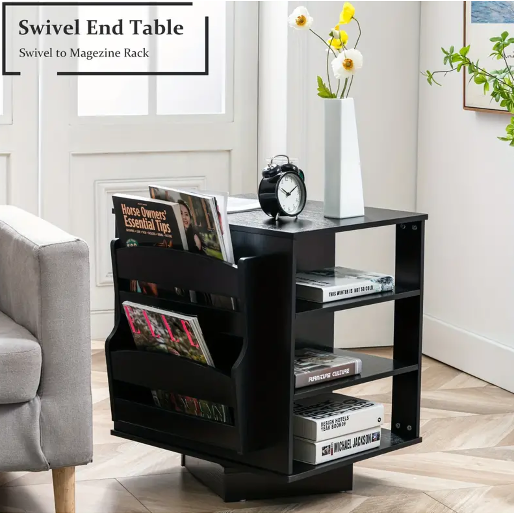 Black Rotating End Table with Drawers and Open Storage Shelf