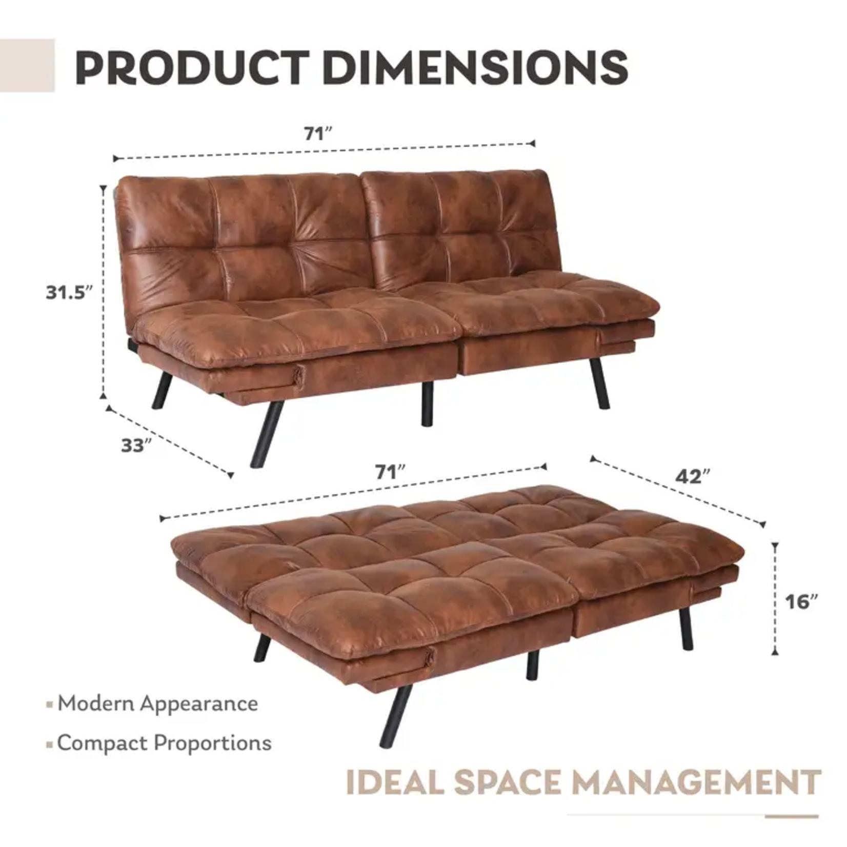 Chocolate DYONERY Leather Folding Sleeper Sofa Bed Convertible with Adjustable Backrest