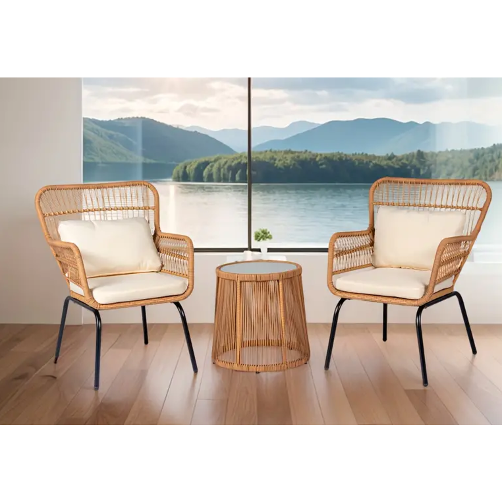 210AX216682 - 3 Piece Natural Wicker Patio Bistro Set with 2 Comfortable Chairs and Glass Top Table