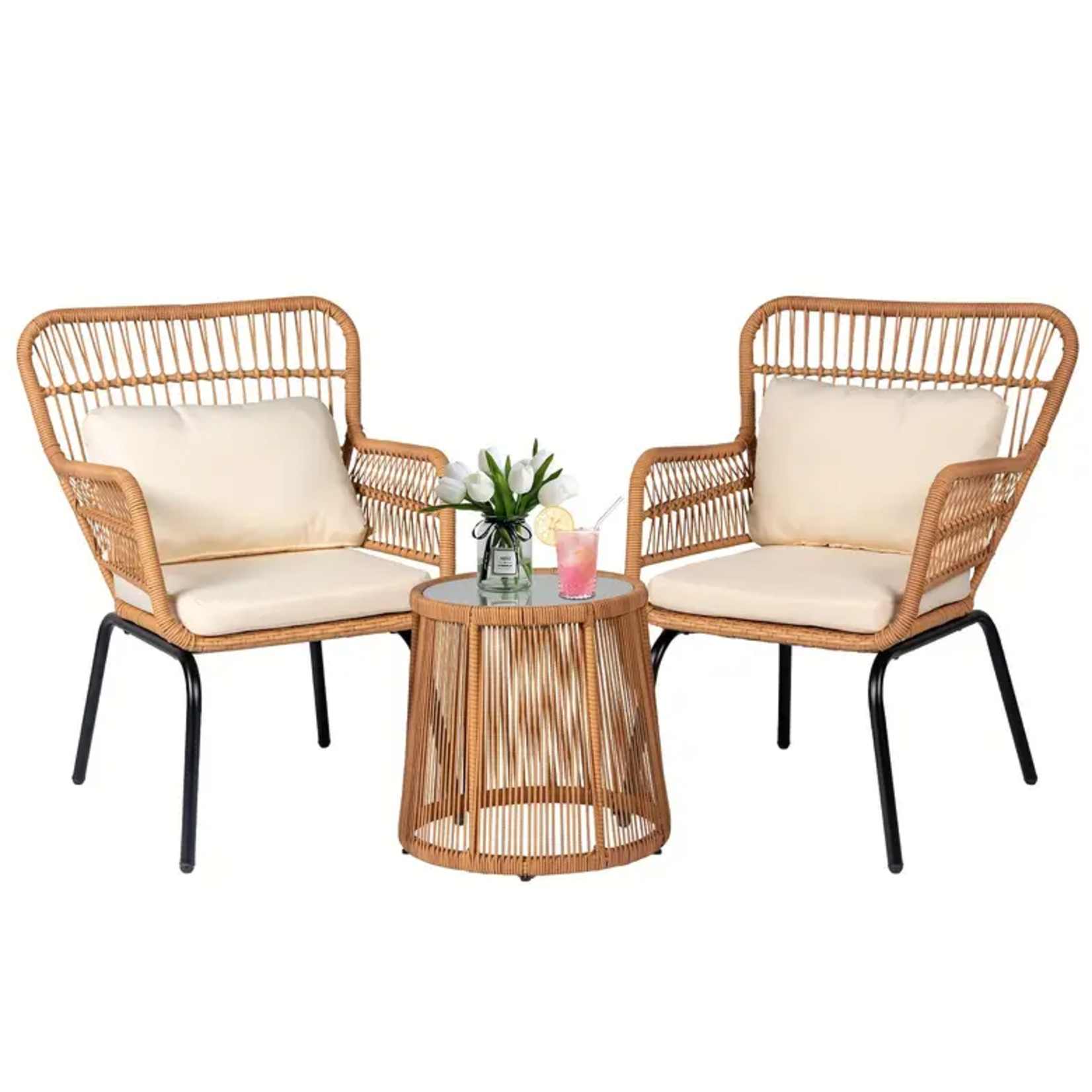 210AX216682 - 3 Piece Natural Wicker Patio Bistro Set with 2 Comfortable Chairs and Glass Top Table