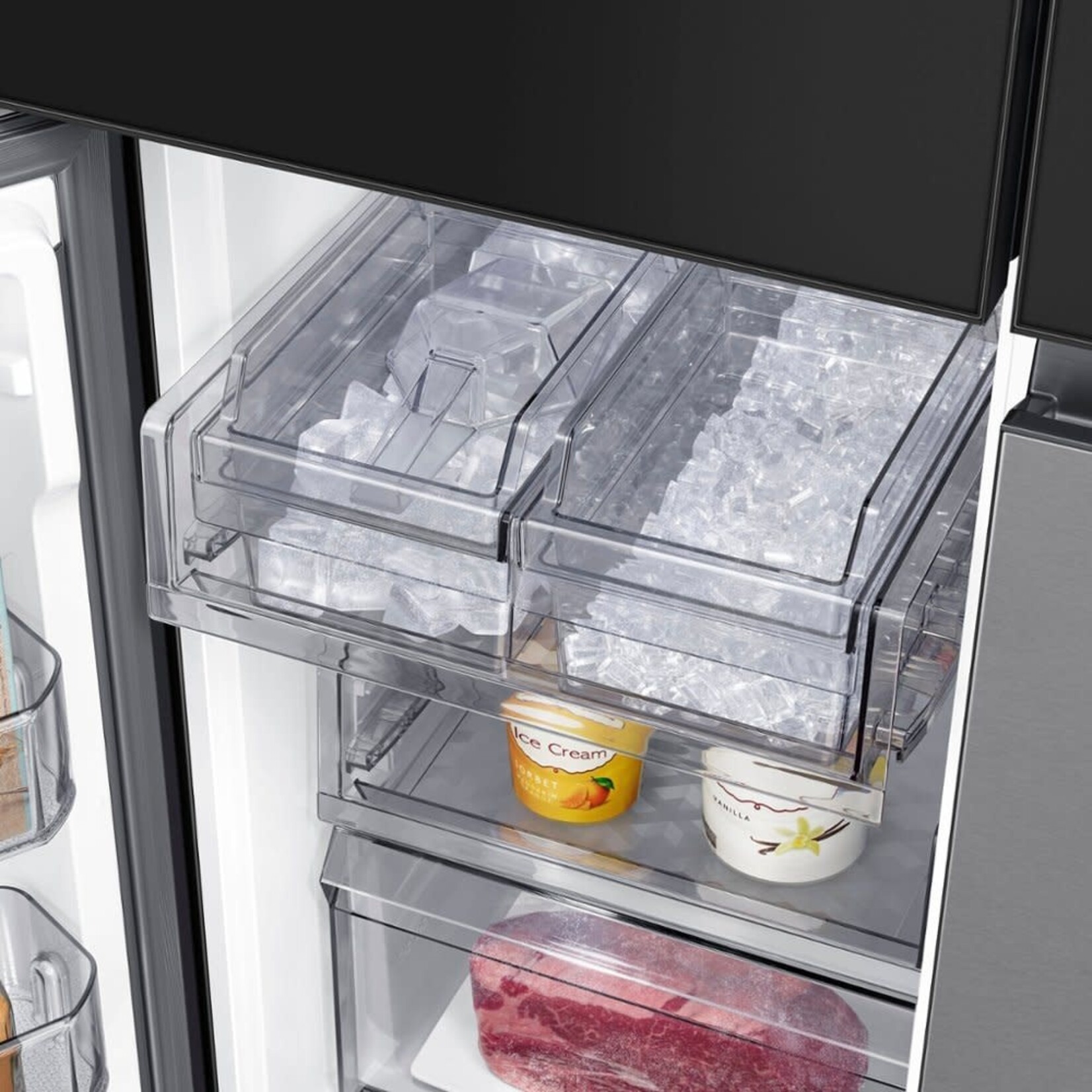 SAMSUNG #RF29CB9900QK  - Samsung Bespoke 4-Door Flex™ Refrigerator (29 cu. ft.) with Family Hub™+ in Charcoal Glass Top and Stainless Steel Bottom Panels