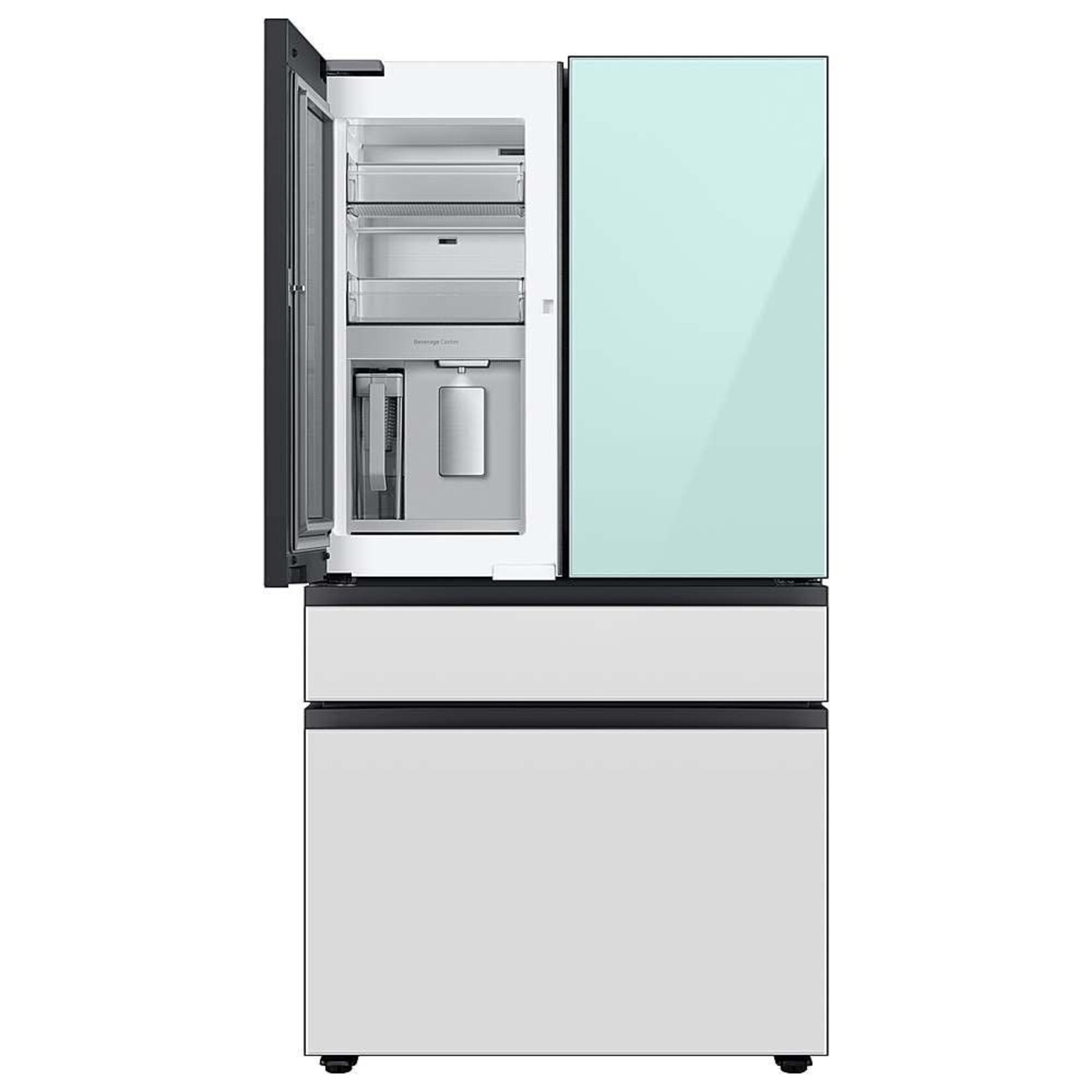 SAMSUNG Samsung Bespoke 4-Door French Door Refrigerator (23 cu. ft.) with Beverage Center™ in Morning Blue Glass Top Panels and White Glass Middle and Bottom Panels
