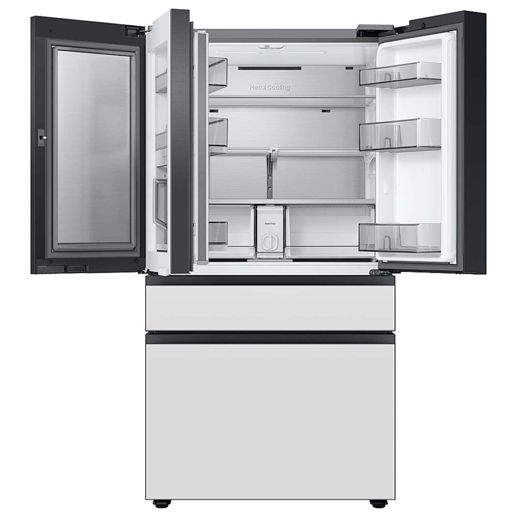 SAMSUNG Samsung Bespoke 4-Door French Door Refrigerator (23 cu. ft.) with Beverage Center™ in Morning Blue Glass Top Panels and White Glass Middle and Bottom Panels