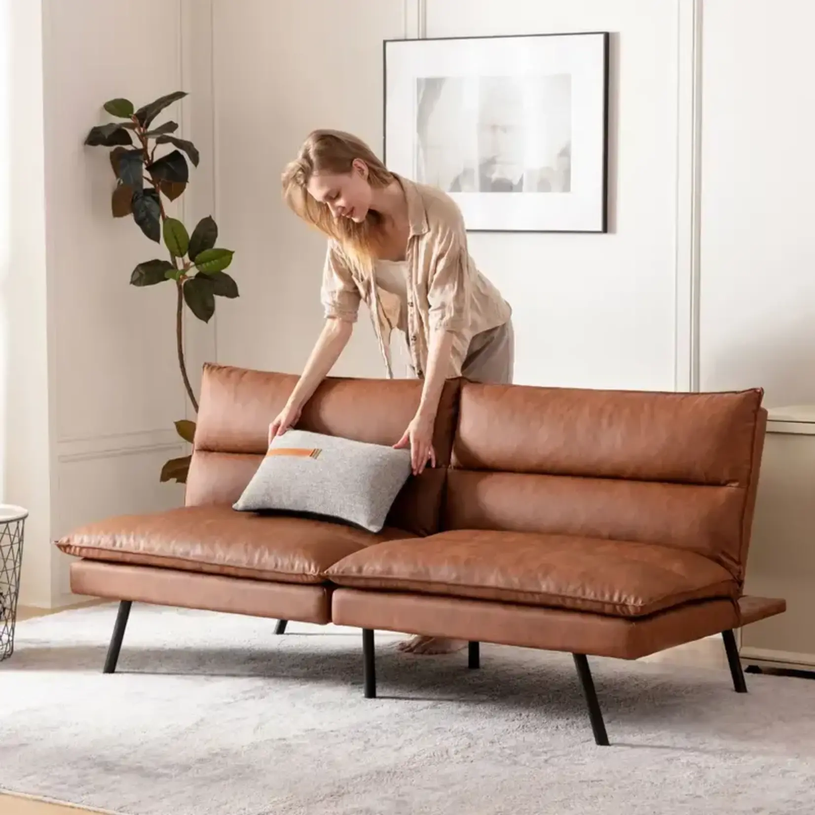 210149326W7G - Upgraded Brown DYONERY 71 inch Leather Folding Futon with Adjustable Backrest