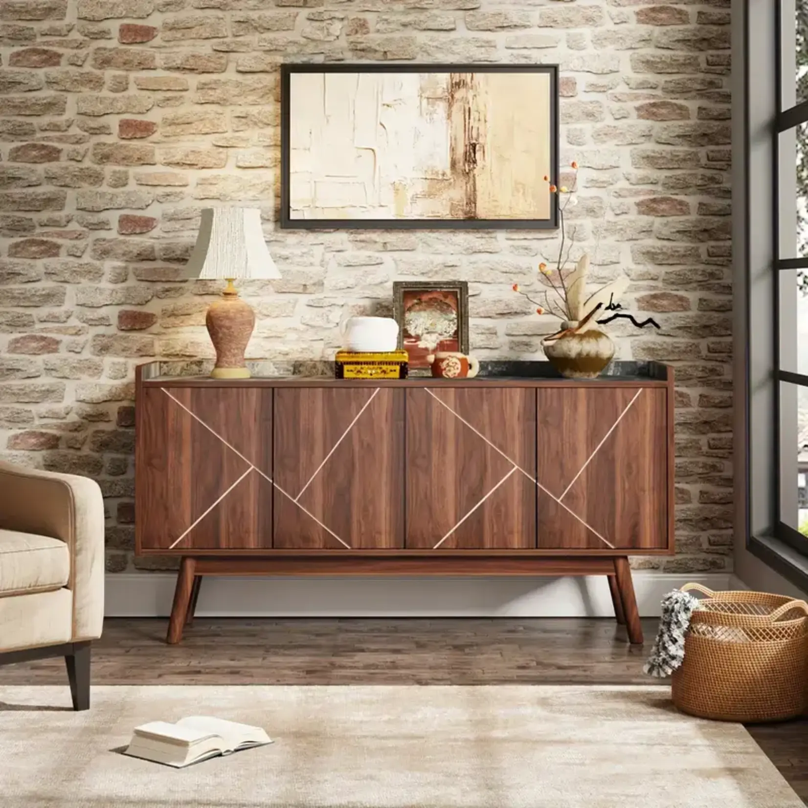 Modern Natural Large Storage Cabinet With Doors For Living Room, Dining Room