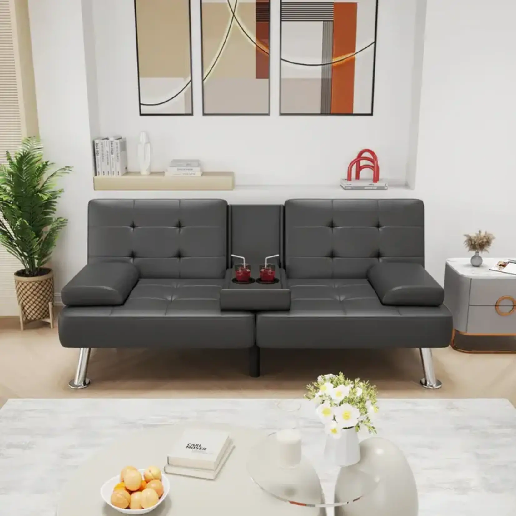 Grey Foldable Sofa Bed With Cup Holder