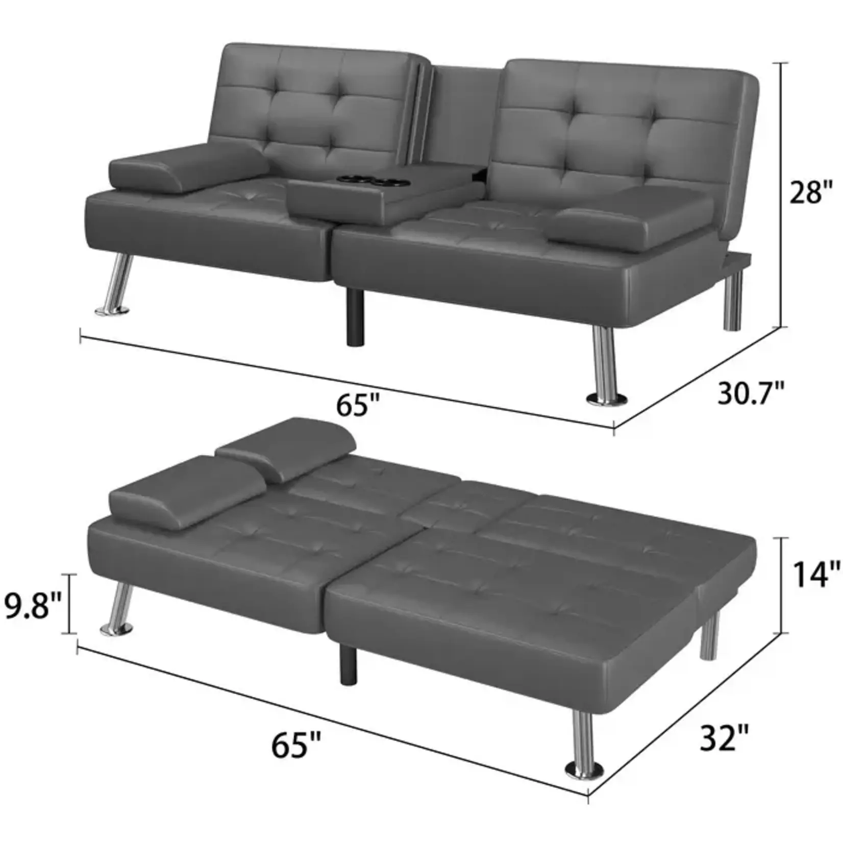 Grey Foldable Sofa Bed With Cup Holder