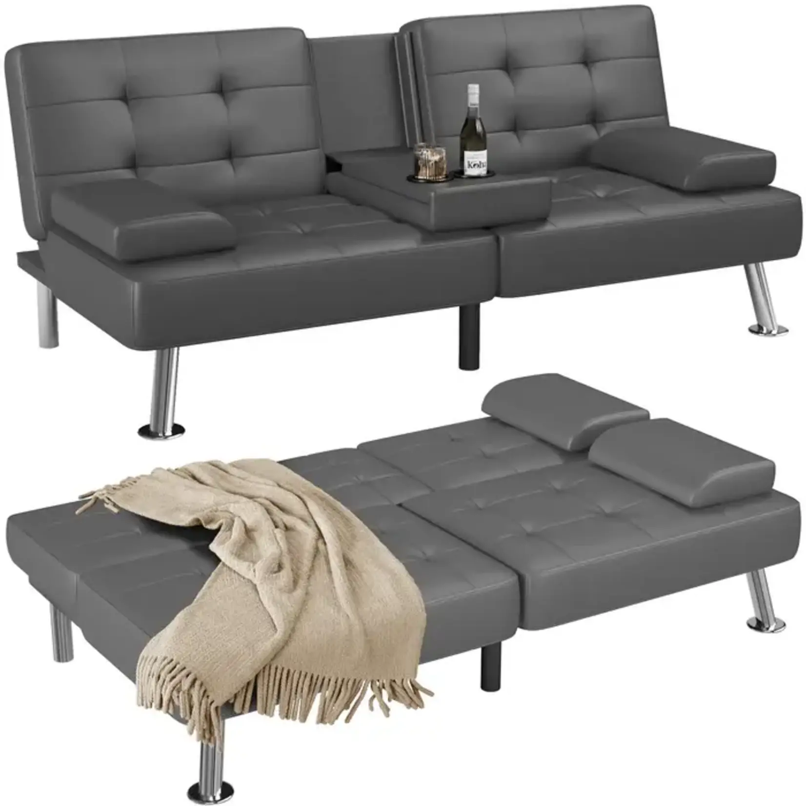 Grey Foldable Sofa Bed With Cup Holder