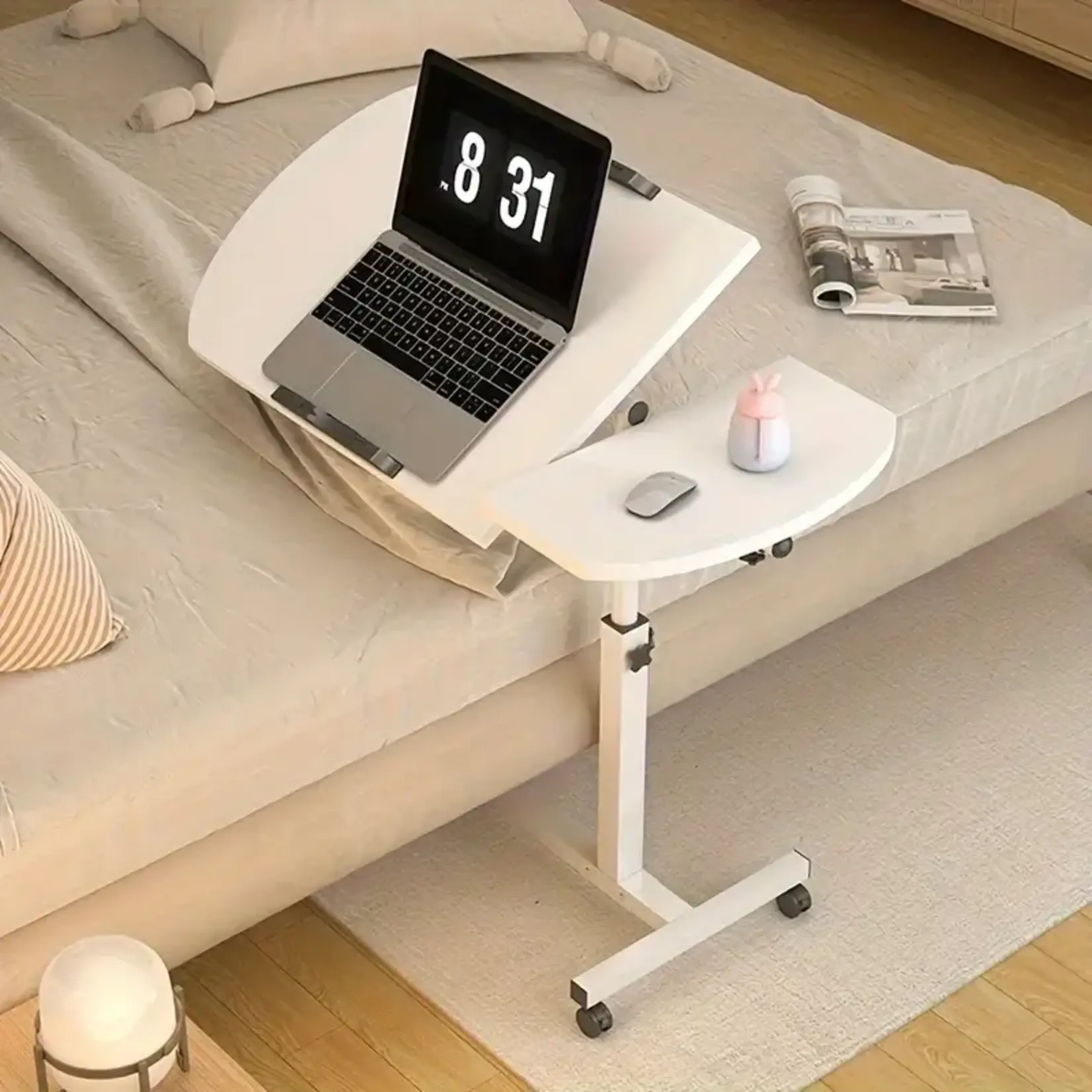 *210QR226397-White KNERS  Foldable Moving Table with Adjustable Height and Wheels for Family Bedrooms, Living Rooms, and Study Rooms