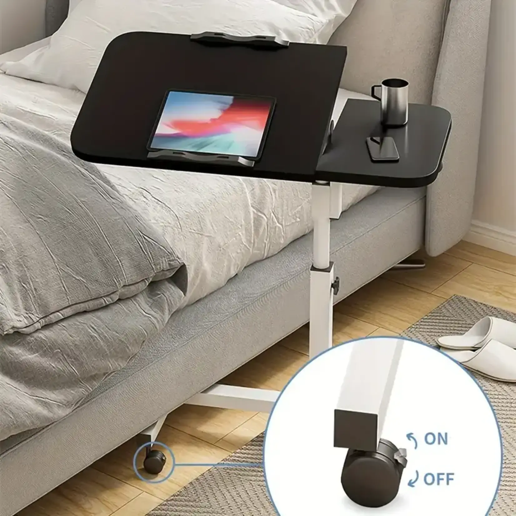 *210QR226397-White KNERS  Foldable Moving Table with Adjustable Height and Wheels for Family Bedrooms, Living Rooms, and Study Rooms