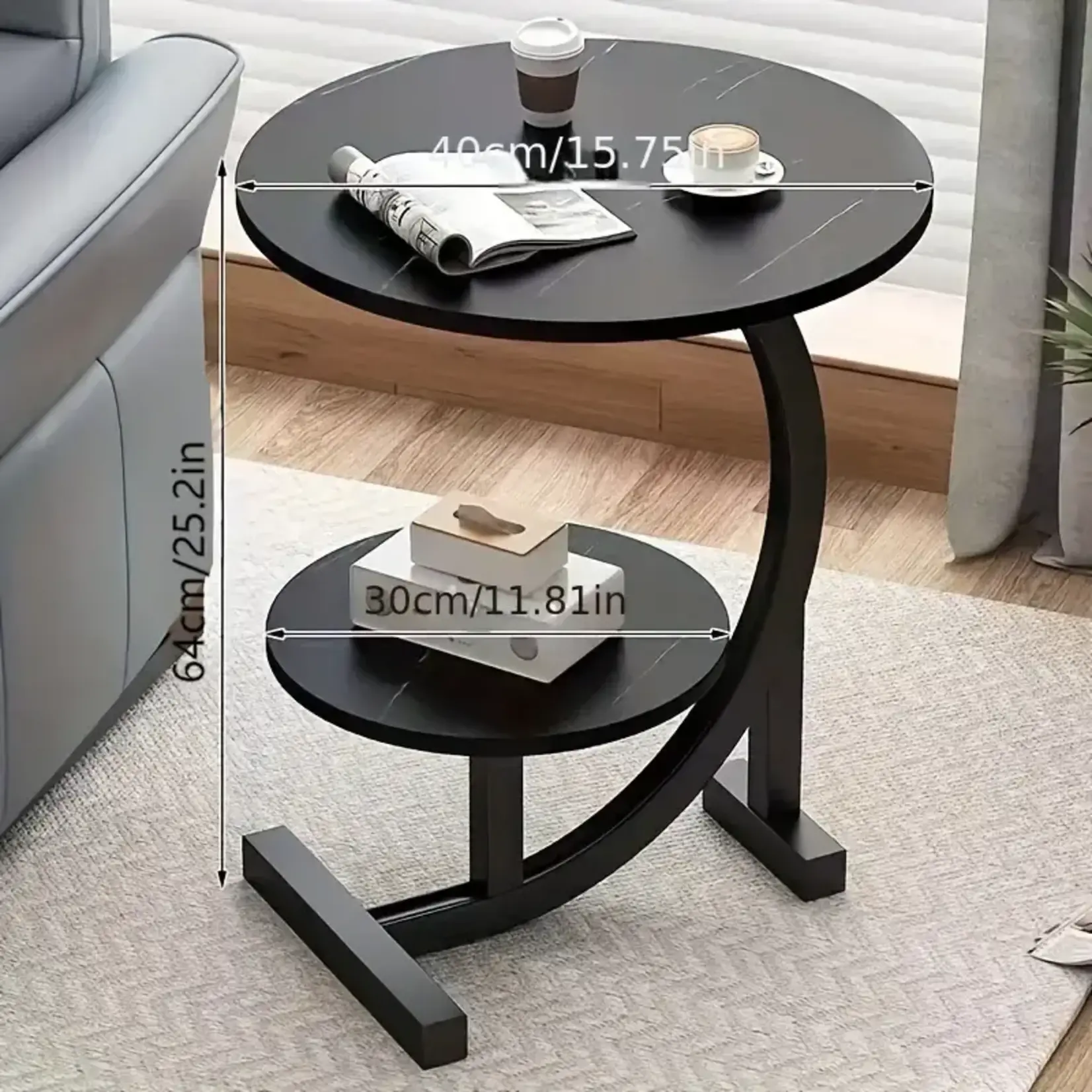 *210WU183399-Black Iron Double Layered Round End Table with Metal Base and Wood Top