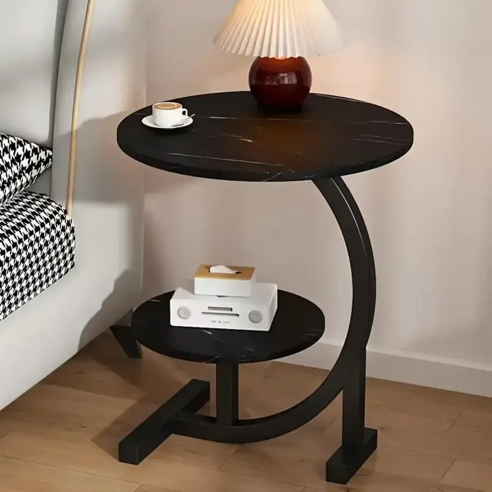 *210WU183399-Black Iron Double Layered Round End Table with Metal Base and Wood Top