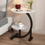 *210WU183399-White Marble Double Layered Round End Table with Metal Base and Wood Top
