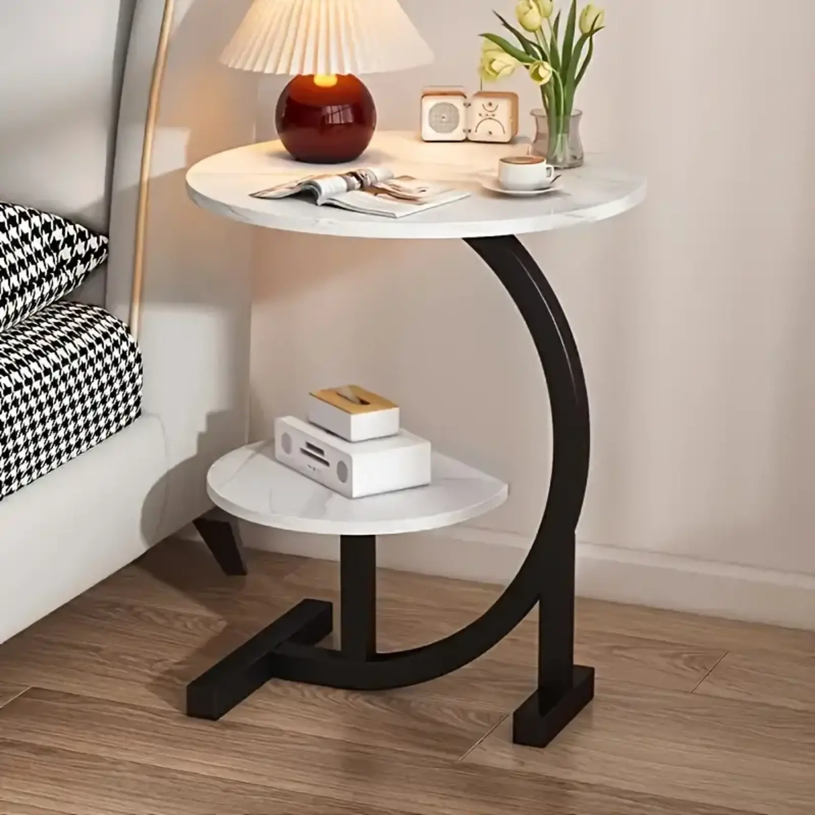 *210WU183399-White Marble Double Layered Round End Table with Metal Base and Wood Top