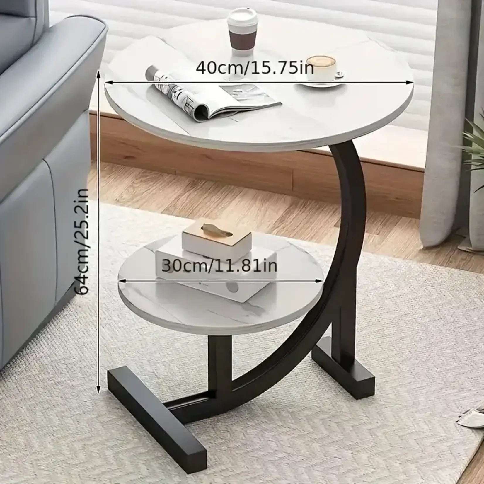 *210WU183399-White Marble Double Layered Round End Table with Metal Base and Wood Top