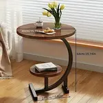 *210WU183399-Brown Wood Double Layered Round End Table with Metal Base and Wood Top