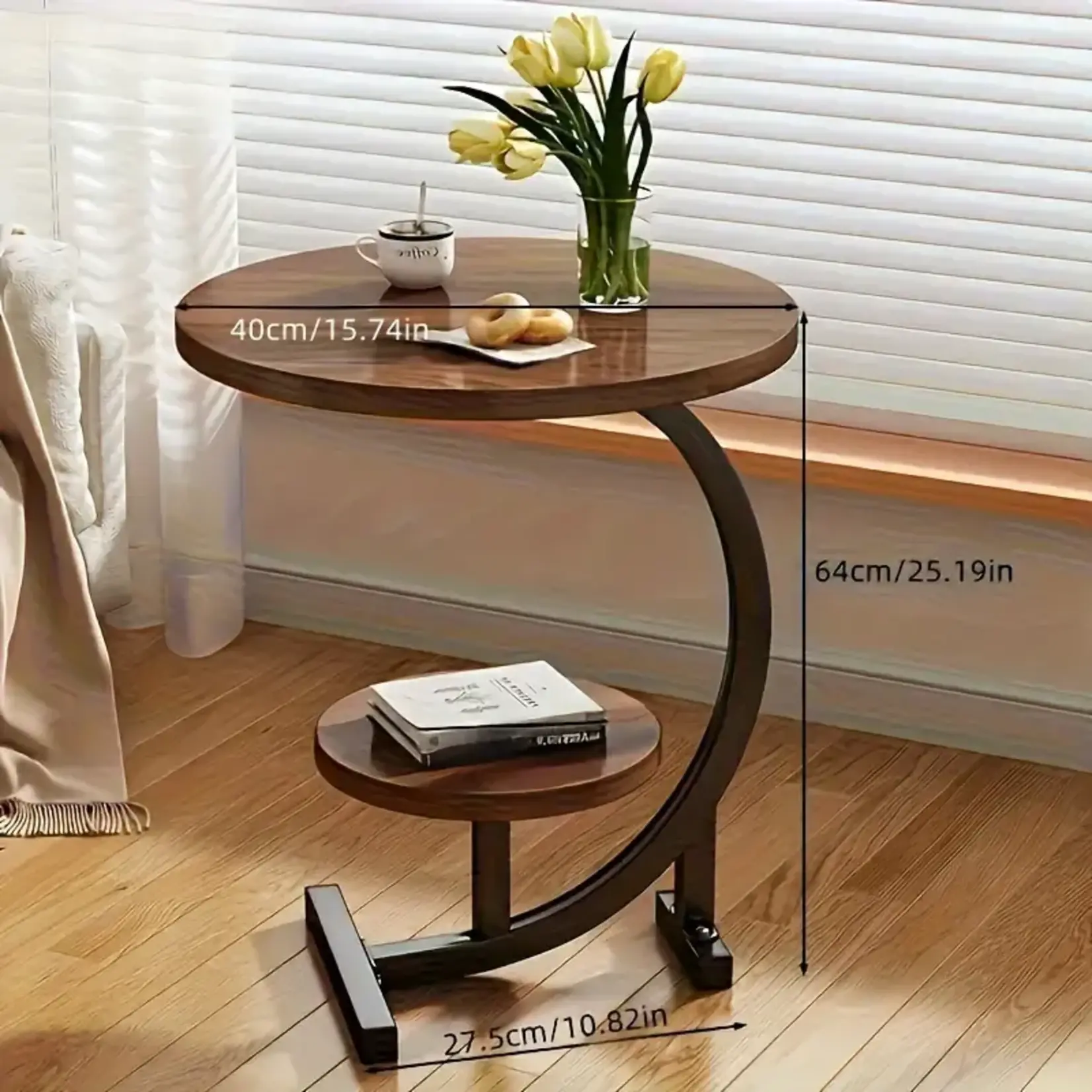 *210WU183399-Brown Wood Double Layered Round End Table with Metal Base and Wood Top