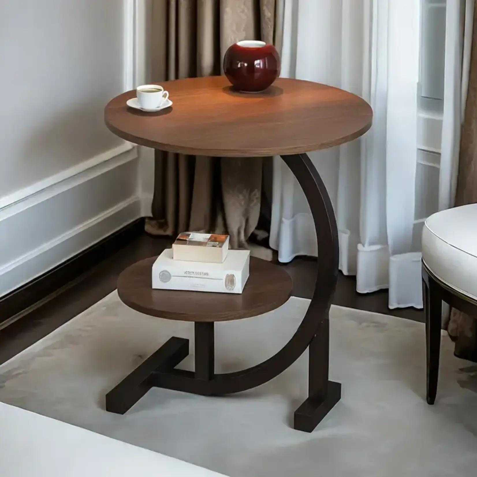 *210WU183399-Brown Wood Double Layered Round End Table with Metal Base and Wood Top
