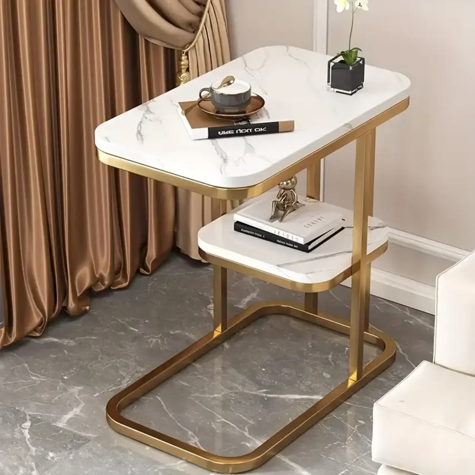 *210FE249044-White Stylish Double-Layer Iron Side Table with Golden Pedestal