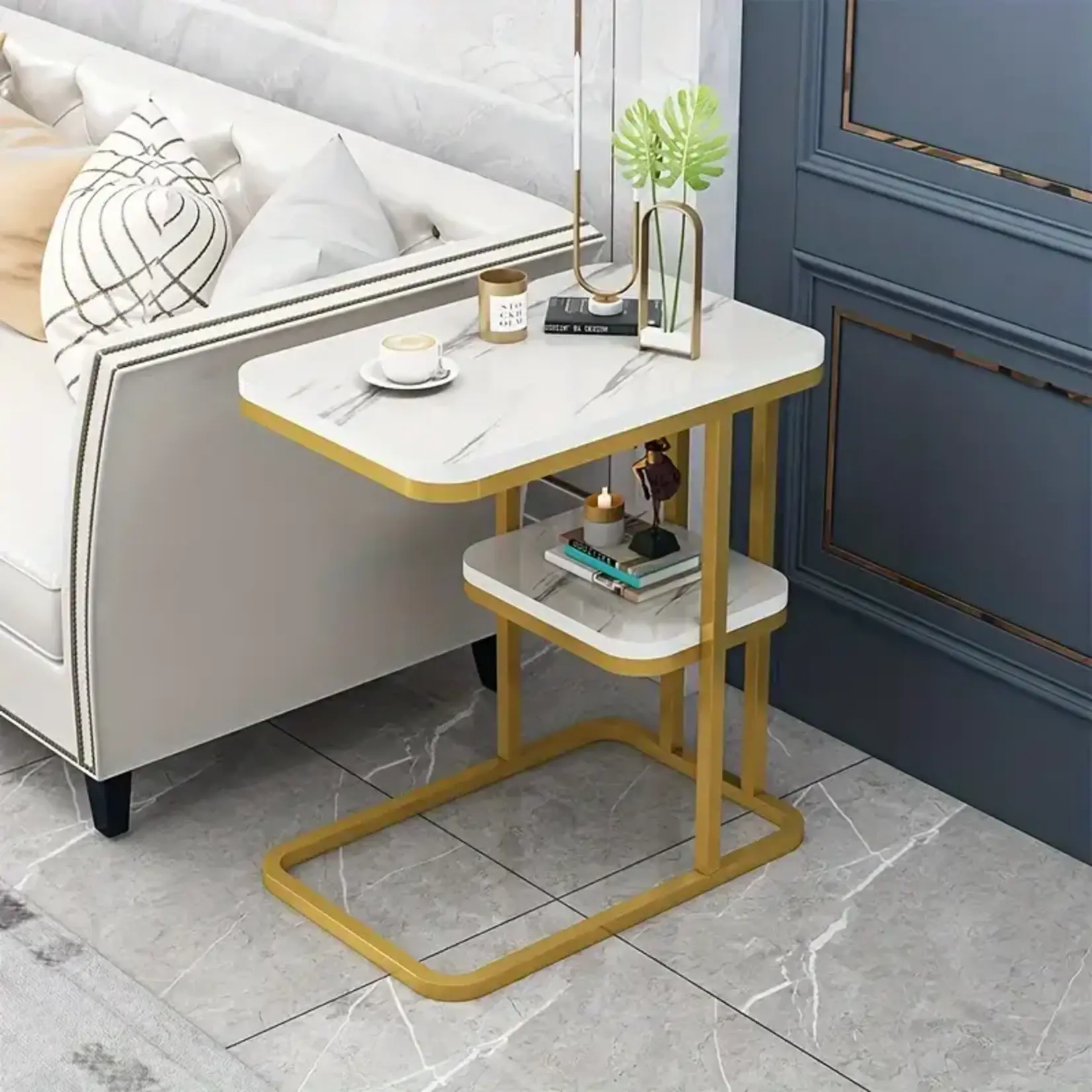 *210FE249044-White Stylish Double-Layer Iron Side Table with Golden Pedestal