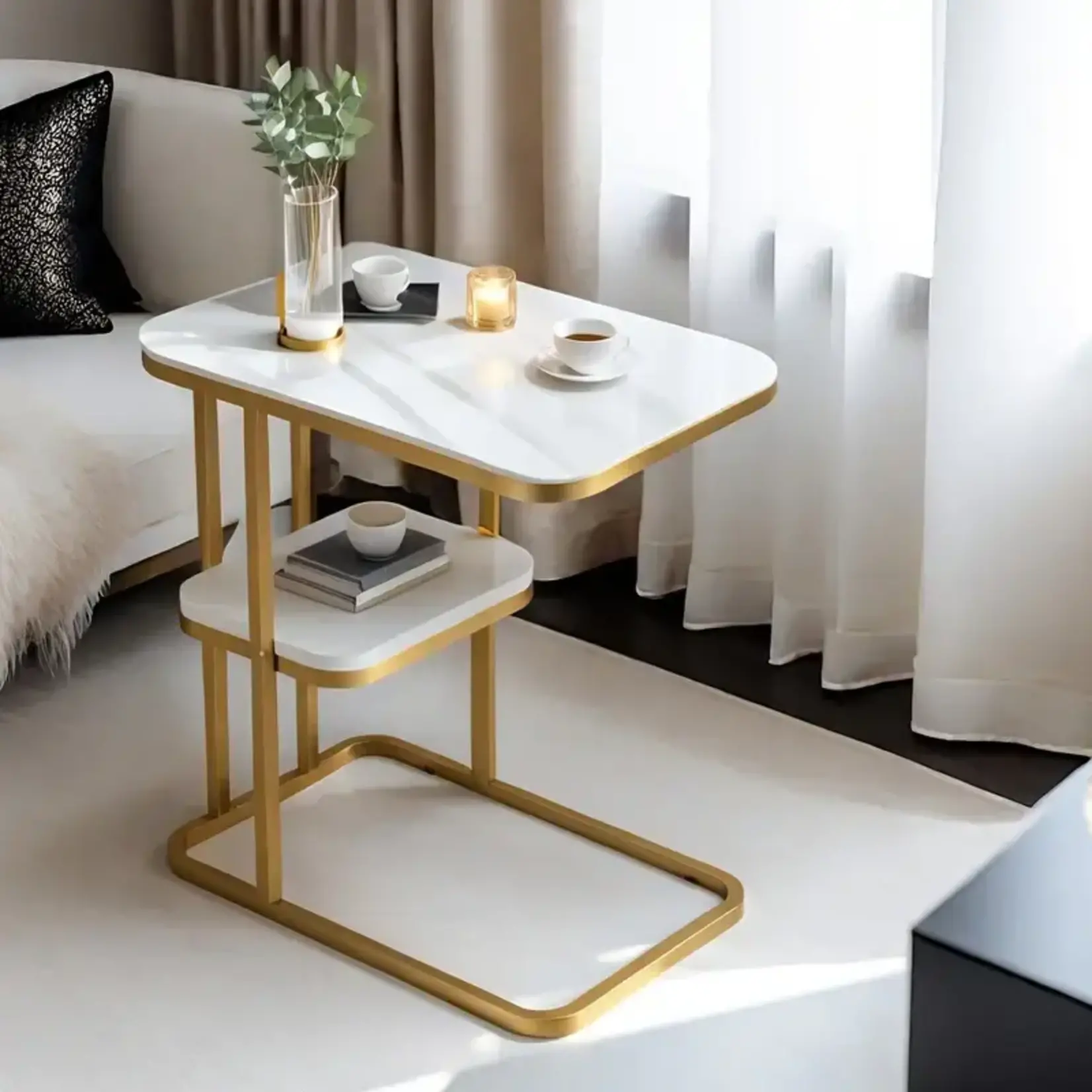 *210FE249044-White Stylish Double-Layer Iron Side Table with Golden Pedestal