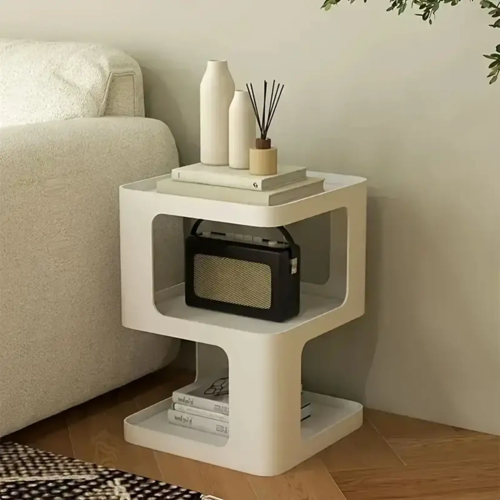 *210XF274296-White Geometric Modern Chic Side Table with Space-Saving Storage