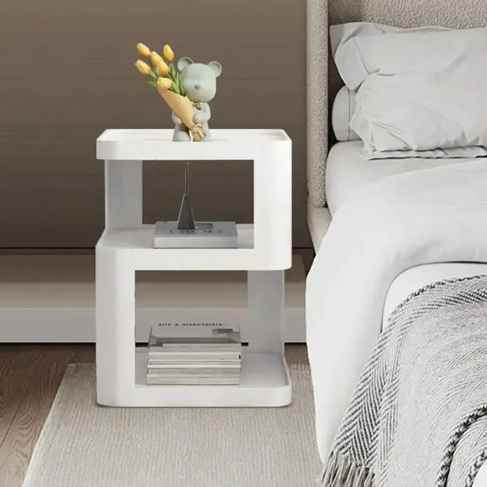 *210XF274296-White Geometric Modern Chic Side Table with Space-Saving Storage