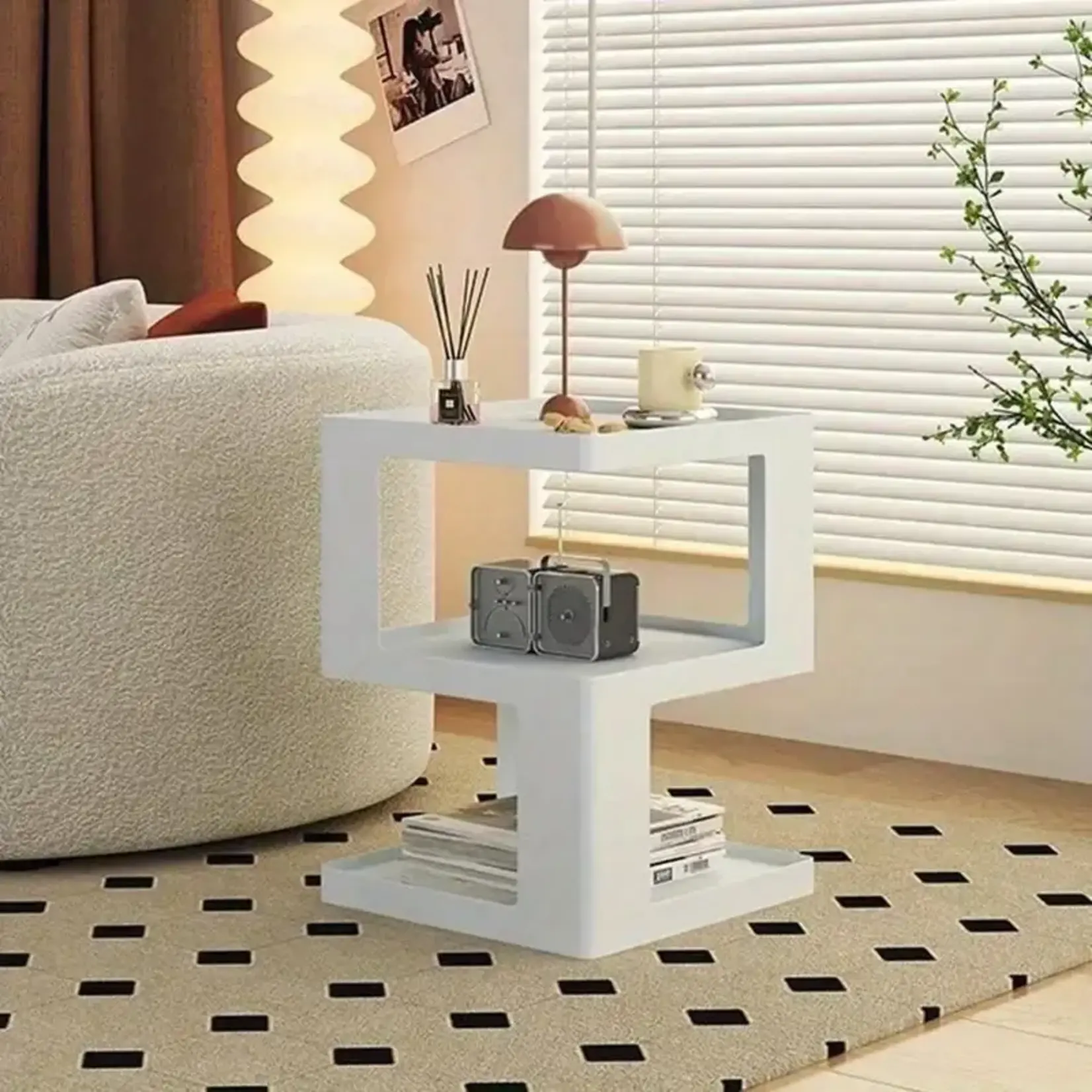 *210XF274296-White Geometric Modern Chic Side Table with Space-Saving Storage