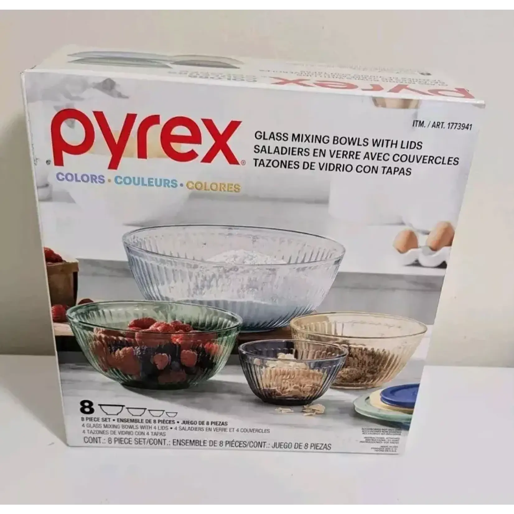1773941 Pyrex Mixing Bowl 8 Piece Set - 4 Ribbed Glass Bowls with 4 Lids