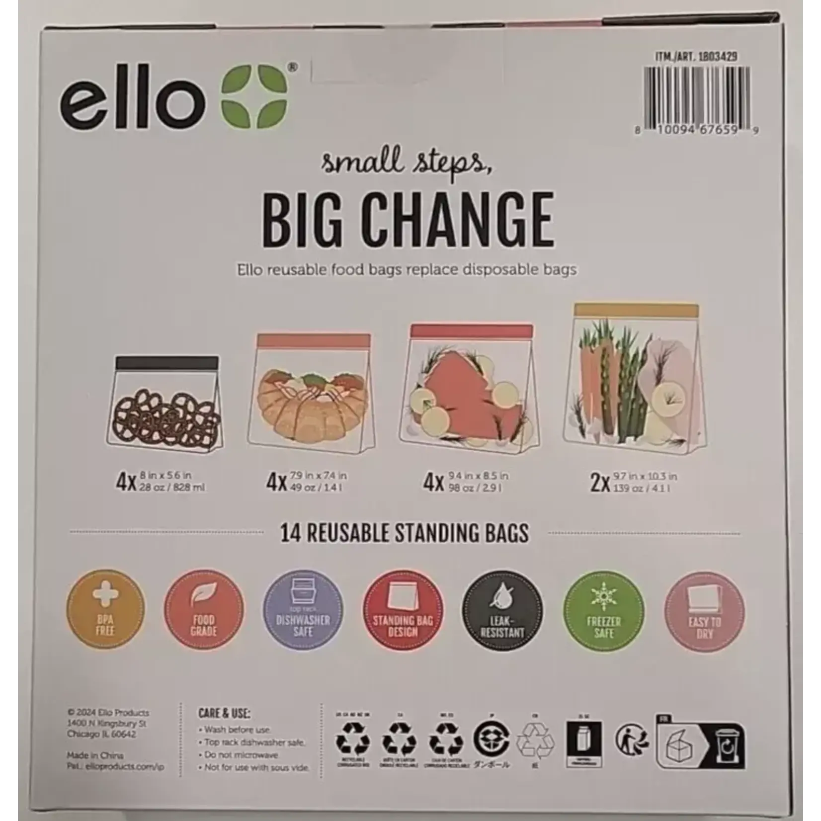 1803429 Ello Plastic Reusable Food Storage BPA-Free Travel Bags 14-Pack