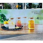 Gourmet Basics Mikasa Set of 4 Glass Tumblers  with Bamboo Lid and Straws for iced tea, iced coffee, cocktail drinks, juices and beverages