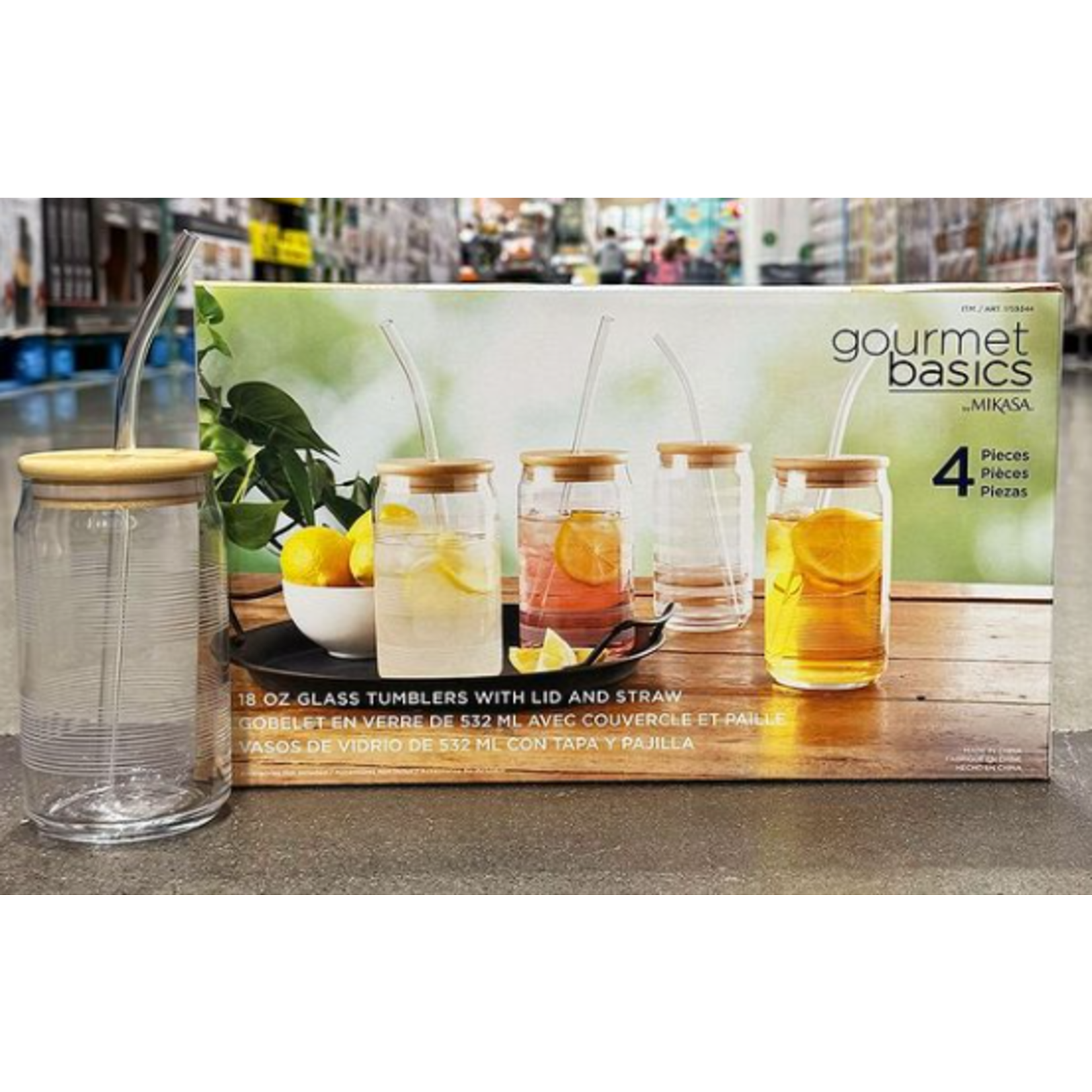 Gourmet Basics Mikasa Set of 4 Glass Tumblers with Bamboo Lid and Straws for iced tea, iced coffee, cocktail drinks, juices and beverages