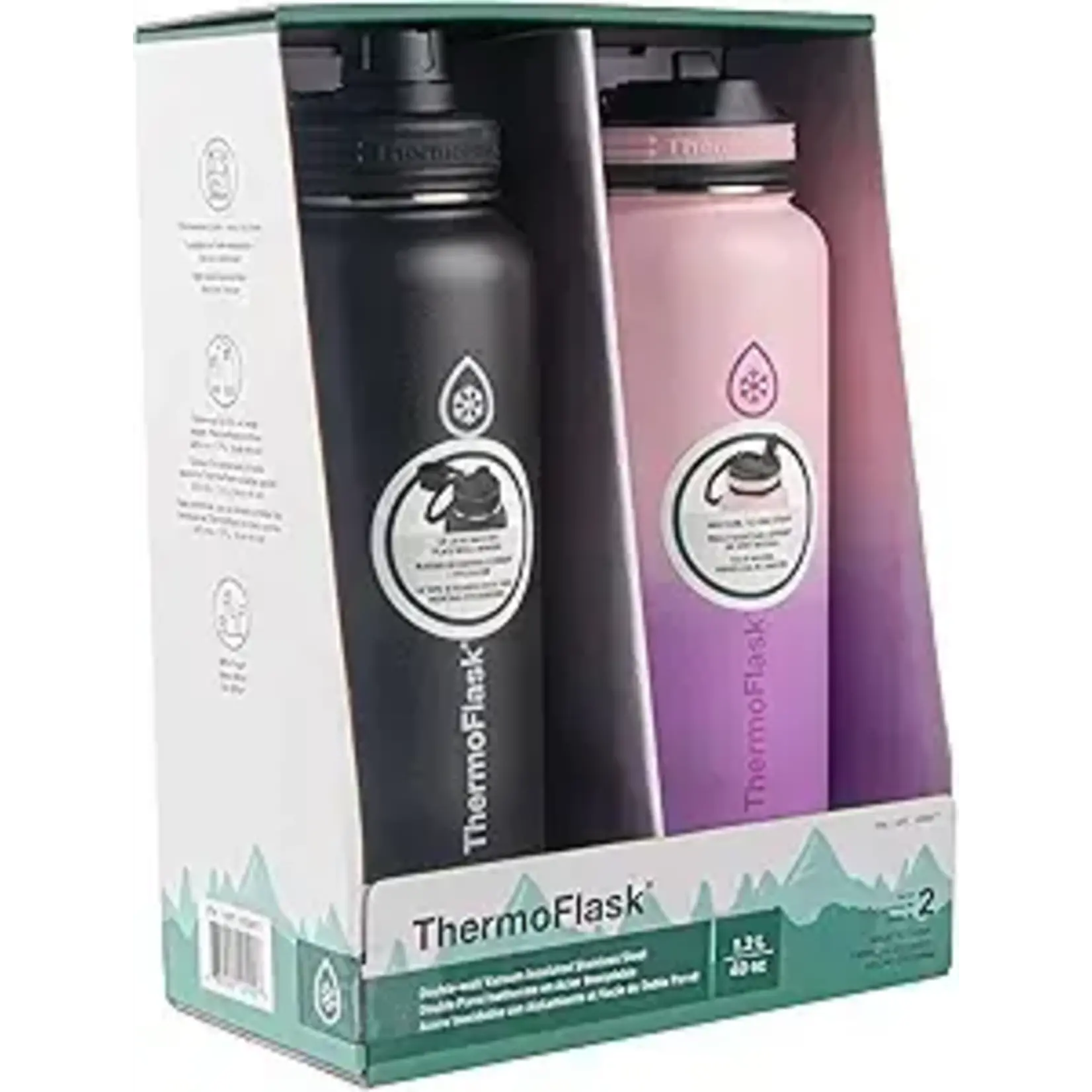 Thermoflask 40oz Stainless Steel Insulated Water Bottles with Straw and Spout Lids, 2-pack, Black/Rose Purple