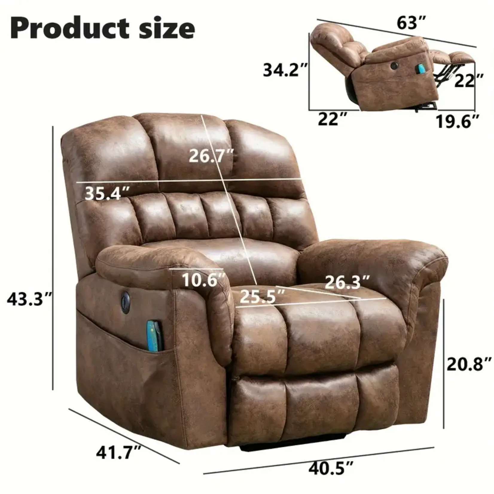 210XM201858 - Super Soft Brown Electric Leisure Sofa Recliner With Massage and Heating