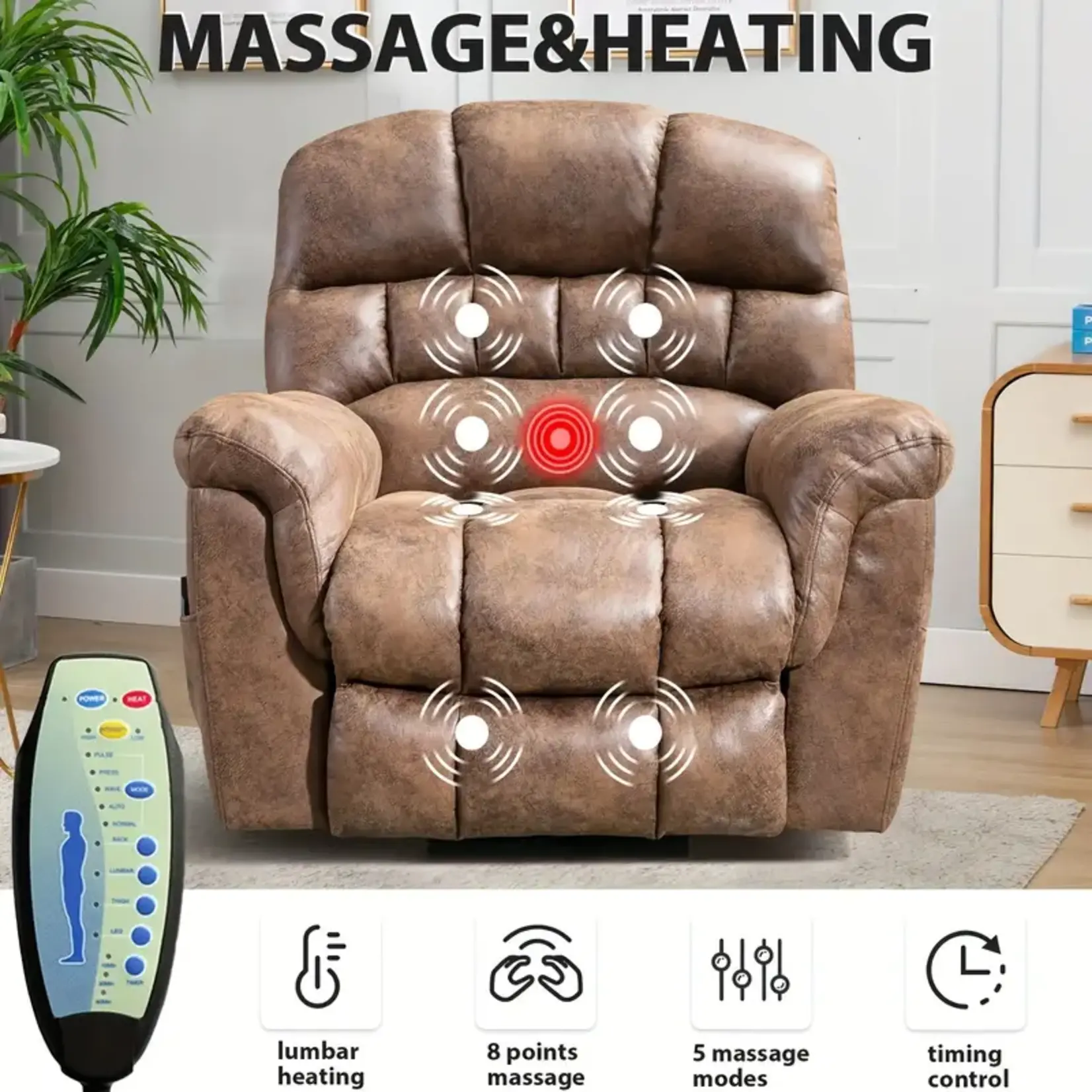 210XM201858 - Super Soft Brown Electric Leisure Sofa Recliner With Massage and Heating