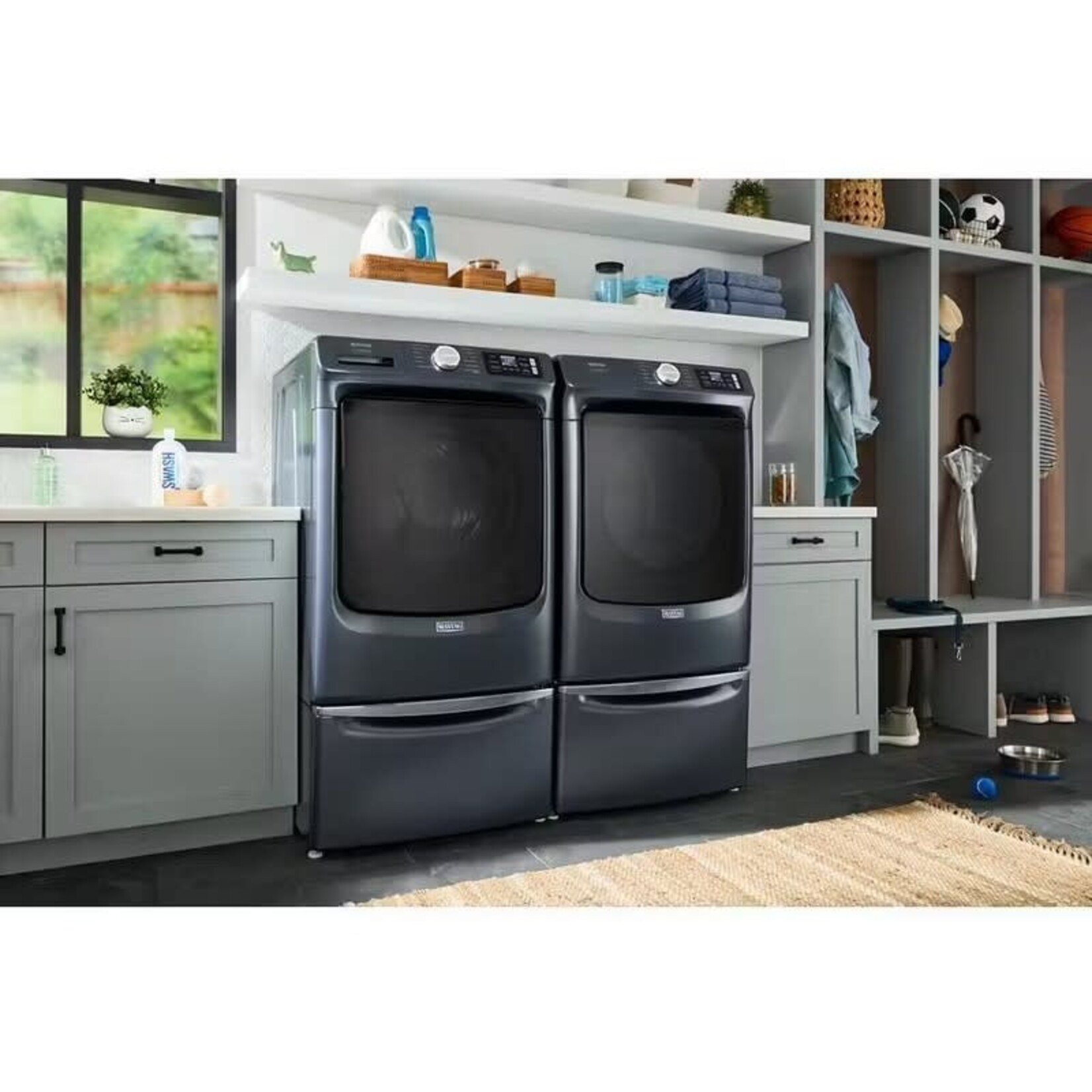 Maytag #MED7020RF MayTag 27 Inch Smart Pet Pro Front Load Electric Dryer with 7.4 cu. ft. Capacity, Steam Cycle, Quick Dry, Remote Start, Drum Light, Advanced Moisture Sensing and Energy Star Certified:Midnight Steel