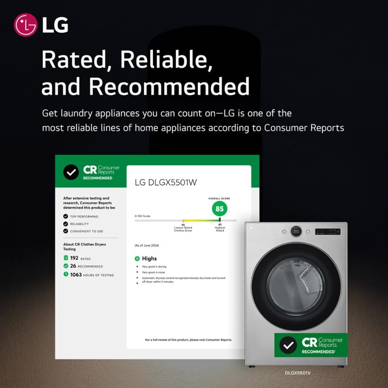LG Electronics DLGX5501V LG 7.4 cu. ft. Ultra Large Capacity Smart Front Load Gas Dryer with Sensor Dry & Steam Technology