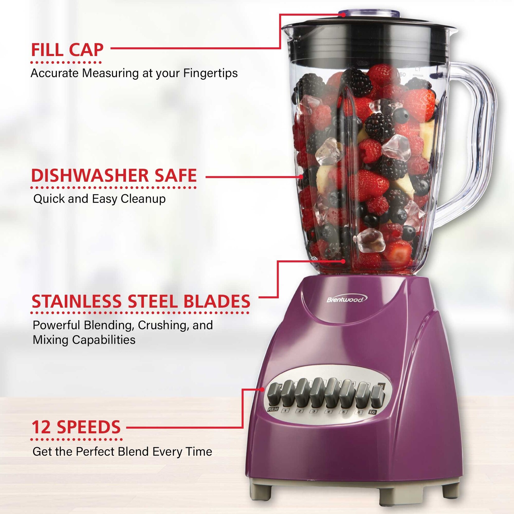 #JB-220PR Brentwood® BTWJB220PR 50-Ounce 12-Speed + Pulse Blender (Purple)