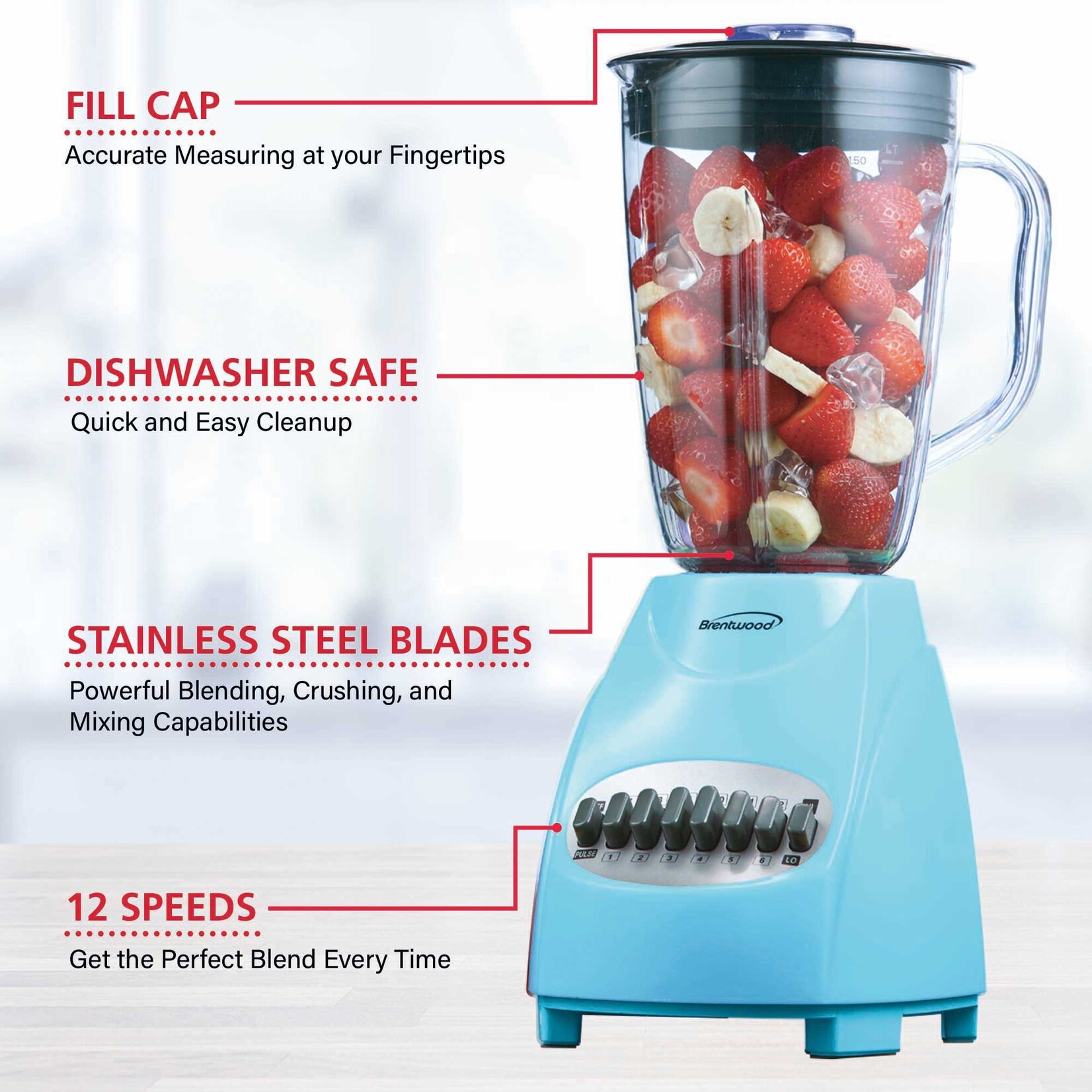 #JB-220BL Brentwood® BTWJB220BL 50-oz 12-Speed Countertop Blender (Blue)