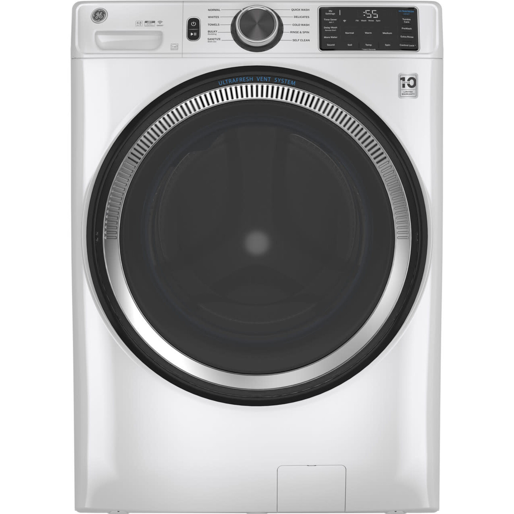 GE #GFW650SSNWW GE® ENERGY STAR 5.0 cu. ft. Capacity Smart Front Load ® Washer with UltraFresh Vent System with OdorBlock™ and Sanitize w/Oxi
