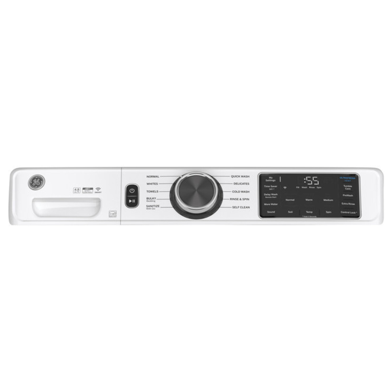 GE #GFW650SSNWW GE® ENERGY STAR 5.0 cu. ft. Capacity Smart Front Load ® Washer with UltraFresh Vent System with OdorBlock™ and Sanitize w/Oxi