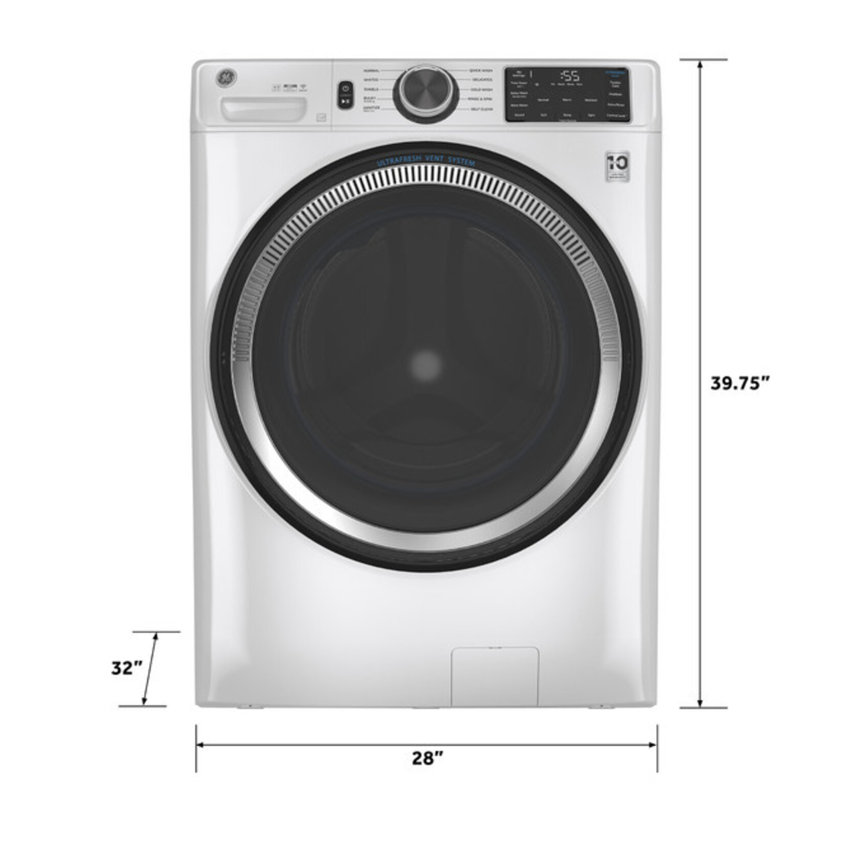 GE #GFW650SSNWW GE® ENERGY STAR 5.0 cu. ft. Capacity Smart Front Load ® Washer with UltraFresh Vent System with OdorBlock™ and Sanitize w/Oxi